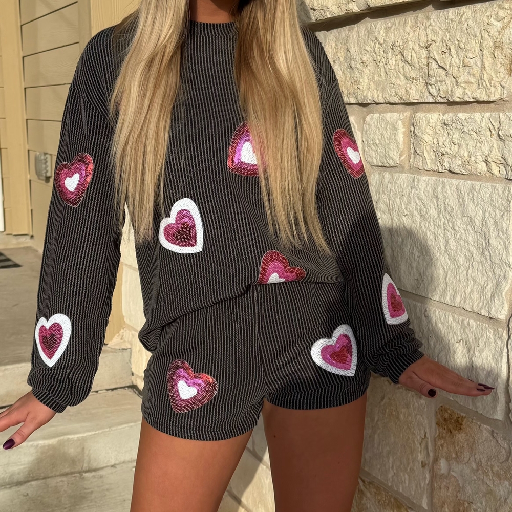Black Heart Patterned Sweater and Shorts Set
